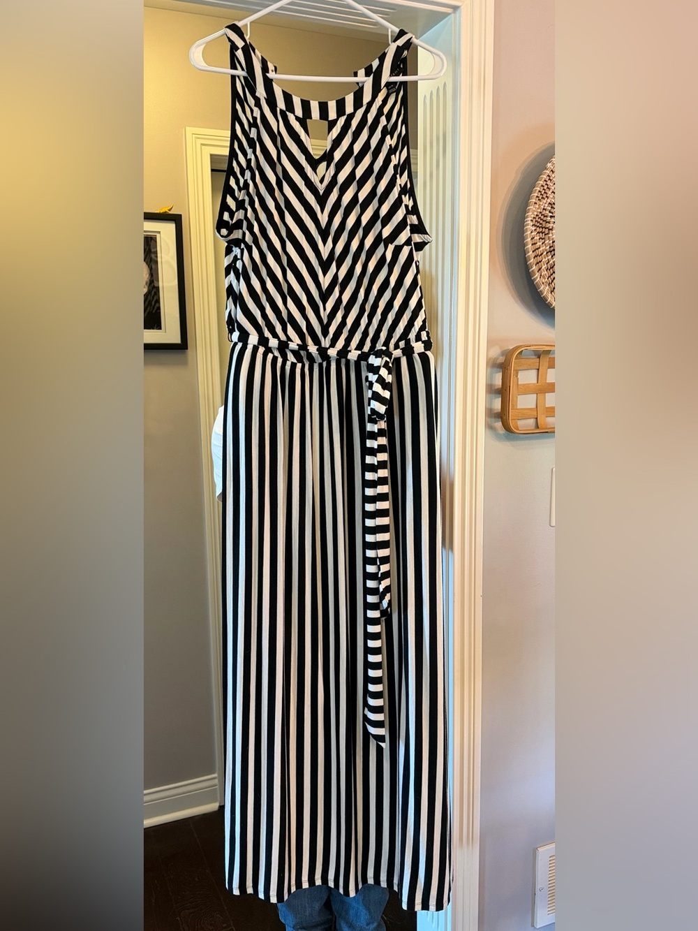 Lane Bryant, Black and White Striped Maxi Dress With Elastic Waist & Tie Belt